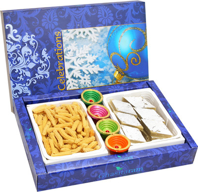 

Ghasitaram Gifts Mithai hampers- Kaju Katli, Chakli and a Set of 6 Diyas Combo(8)