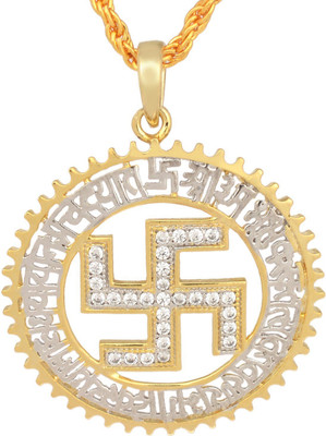 Dzinetrendz Gold plated CZ studded Swastik & Gayatri Mantra Diamond look Round chain pendant necklace jewellery for Men and Women Gold-plated Cubic Zirconia Brass Pendant