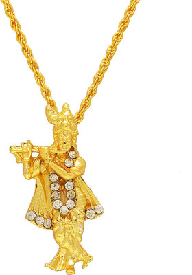 Dzinetrendz CZ studded Gold plated Lord Krishna Religious Hindu God chain Pendant Locket necklace Temple Jewellery for Men & Women Gold-plated Cubic Zirconia Brass Pendant