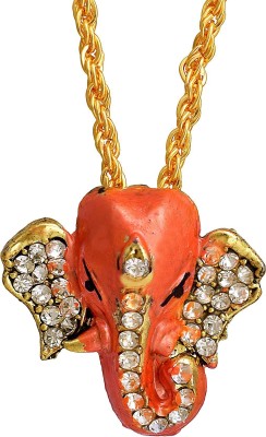 Dzinetrendz Brass, Gerua (Deep Orange) colour Ganesh, Ganpati head, CZ studded pendant Hindu God, Temple jewellery necklace, Men Women Fashion pendant spiritual Gold-plated Cubic Zirconia Alloy Pendant