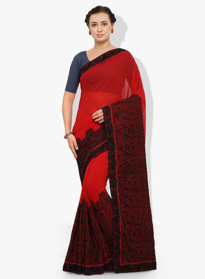 Happy Hours Embroidered Rajkot Georgette Saree(Red) Flipkart
