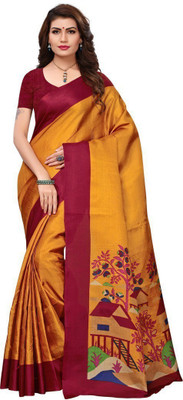 SAARA Printed Tant Cotton Blend, Poly Silk Saree(Mustard)