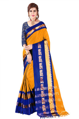 Bombey Velvat Fab Self Design Bollywood Silk Blend, Cotton Linen Saree(Blue, Yellow)