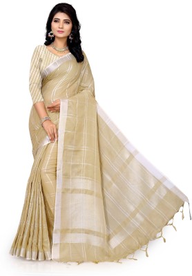 Laddeez Self Design, Checkered Bollywood Handloom Cotton Blend, Cotton Linen Saree(Beige)