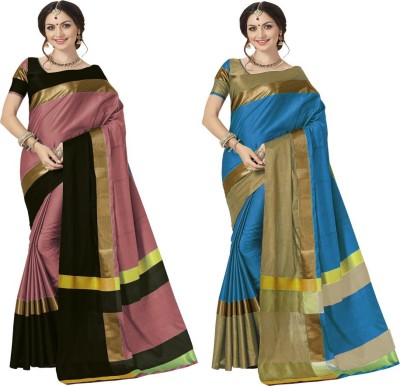 Aaghnya Color Block Bollywood Cotton Blend Saree(Pack of 2, Brown, Blue)
