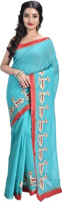 Rukmini Boutique Printed Bollywood Handloom Cotton Silk Saree(Light Blue)