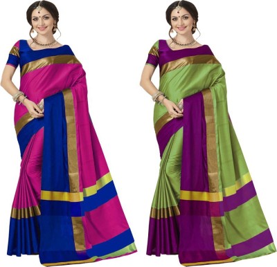 Aaghnya Color Block Bollywood Cotton Blend Saree(Pack of 2, Magenta, Light Green)