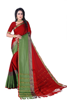 Fancy Fab Self Design, Color Block Bollywood Silk Blend, Cotton Linen Saree(Red)