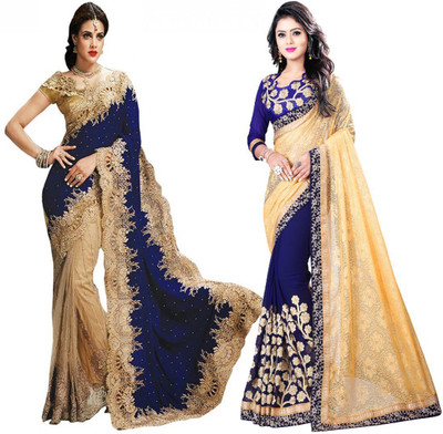 Aksh Fashion Embroidered Bollywood Velvet, Georgette Saree(Pack of 2, Multicolor)