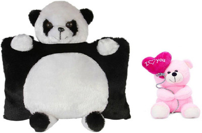 Tajpur Traders Panda pillow (35 cm) With I Love You Ballon Heart Teddy Bear - 35 cm(White, Black, Pink), Black;pink;white
