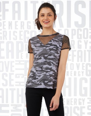 METRONAUT Military Camouflage Women Round Neck Grey T-Shirt