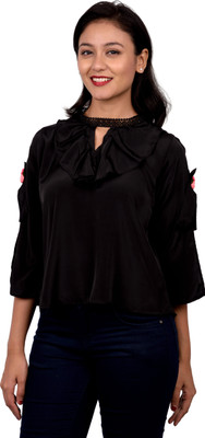 SUPREET K Party Cape Sleeve Solid Women Black Top