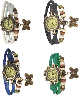 

Mettle Combo Latest Fancy Leather Hand Knit Vintage Watches Dress Bracelet Women Girls Ladies Clover Pendant Retro ( Pack Of 4 )MT-129 Watch - For Women