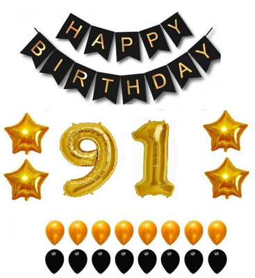 

Theme My Party Happy Birthday Party Balloons, Supplies & Decorations Set, Black & Gold (91th Year)