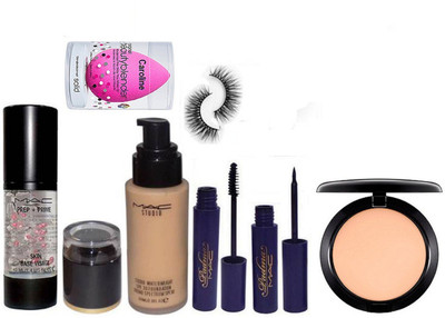 

caroline Mac Studio waterweight Foundation,Skin Base Visage Primer & Studio Fix Compact & Padma Eyeliner+Mascara & Eyelashes With Sponge Puff(Set of 7)