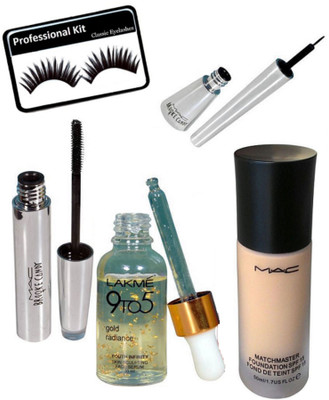 

Professional kit Eyelashes,9 to 5 gold radiance face serum with brooke candy eyeliner & mascara,Match Master Foundation(Set of 5)