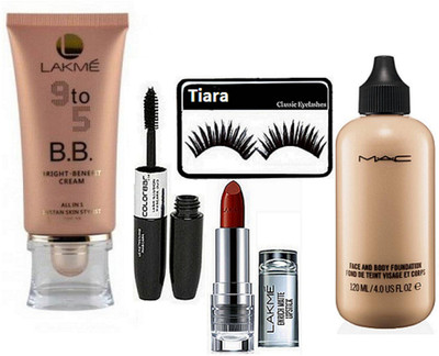 

tiara Eyelashes , Mac Face & Body Foundation , Lakme Enrich Lipstick , Lakme 9 to 5 BB Beauty blam , Color Bar Eyelienr & Mascara(Set of 5)