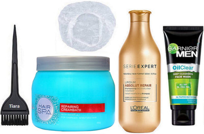 

tiara Hair Brush , L'oreal Professional Repairing Creambath Spa And Serie Expert Absolut Repair Lipidium , Shower Cap , Garnier men Oilicare Face Wash(Set of 5)