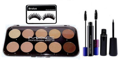 

BRUTUS Eyelashes, 10 Shade Concealer palette, Haute and Naughty Double Effect Mascara, Waterproof Eyeliner(Set of 4)