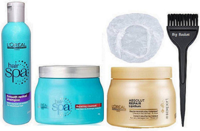 

big Basket Hair Brush, L'oreal Absolut Spa Hair Cream And Repairing Creambath Hair Spa & Shampoo with Shower cap(Set of 5)