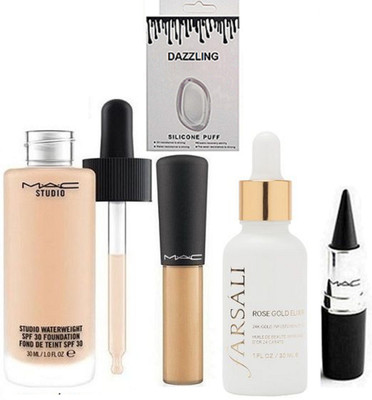 

DAZZLING Silicon Puff & Mac Studio Waterweight Foundation & Mineralize Concealer & Farsali Face Serum & Stick kaj(Set of 5)