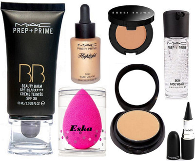 

Eska Sponge Puff, Mac Prep=Prime BB Beauty Balm Foundation,Compact, Prep+PRime Highlight,Face Primer,Stick Kajal & Bobbi Brown Concealer(Set of 7)