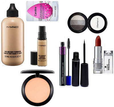 

caroline Sponge Puff & Mac Face & Body Foundation, Compact, Pro Longwear Concealer, Liquid Eyeliner, Haute & Naughty Mascara, 3 Shads Eyeshadow & Lakme 9to5 Enrich Matte Lipstick(Set of 8)