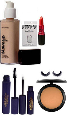 

Dazzling Silicon Puff & Makeup Pro LOngwear Foundation & Lady Gaga Lipstick & Mac Compect & Padma Eyeliner & Mascara & Eyeleshes(Set of 7)