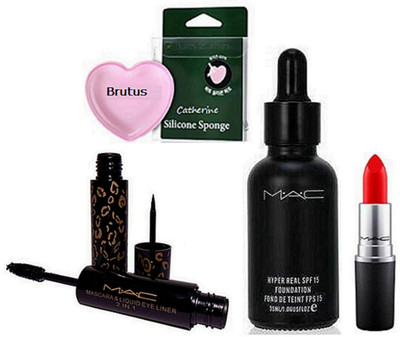 

BRUTUS Silicone Puff, Mac Hyper Real Foundation, Mascara & Eyeliner 2 in1, Matte Finish Lipstick(Set of 4)