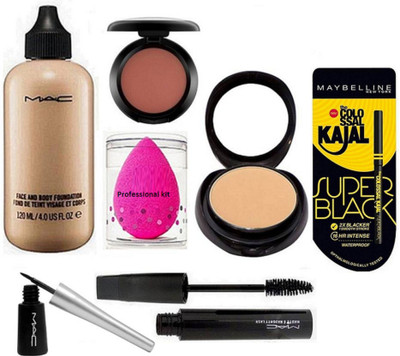 

professional kit Spongy Puff , Mac Face & Body Foundation , Eyeliner + Haute & Naughty Mascara , Blusher , Face Powder Compact & Super Black Kajal(Set of 7)