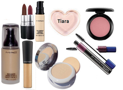 

tiara Silicone Puff,Mac Hauty & Naughty Mascara , Pro Long wear And Mineralize Concealer , Blusher , Matchmaster Foundation , matte Finish Lipstick Pack Of 2 , Color Bar Compact(Set of 9)