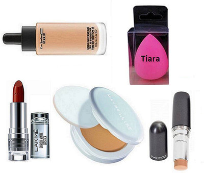 

tiara Spounge Puff ,Mac Stick Concealer , Studio Waterweight Foundation , Maybelline New York Compact , Lakme Enrich Lipstick(Set of 5)