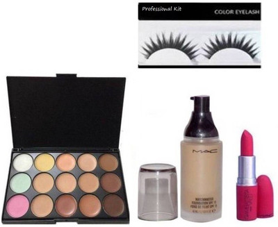 

Professional kit Eyelashes with 15 Shade Conceler Pallate , Lipstick , Mac Matchmaster Foundation(Set of 4)