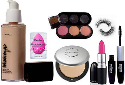 

caroline Sponge Puff, Mac Makeup Pro Longwear Foundation Spf 10, Compact, Candy Yum-yum Lipstick, 3 Shade Blusher & Colocbar 2 in 1 Eyeliner+Mascara, Eyelashes(Set of 7)