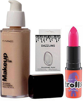 

DAZZLING Silicon Puff & Pro Longwear Fondation & Mac Trolls LIpstick(Set of 3)