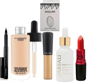 

DAZZLING Silicon Puff & Studio Waterweight Foundation Mac & Mineralize Concealer & Farsali Face Serum & Lady Gaga LIpstick & Pen Eyeliner(Set of 6)