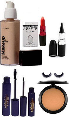 

Dazzling Silicon Puff & Makeup Pro LOngwear Foundation & Lady Gaga Lipstick & Mac Compect & Padma Eyeliner & Mascara & Eyeleshes & Stick Kaj(Set of 8)