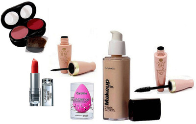 

caroline Sponge Puff & Mac Makeup Pro Long Wear Foundation, 2 Shade Blusher, Lakme 9to5 Liquid Eyeliner& Mascara& 9to5 Enrich Matte Lipstick(Set of 6)