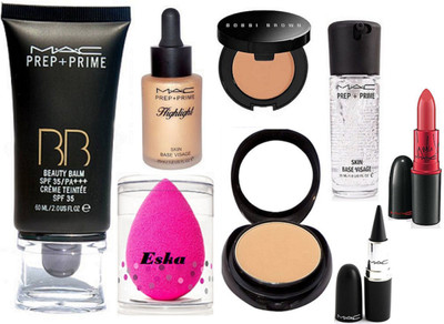 

Eska Sponge Puff, Mac Prep=Prime BB Beauty Balm Foundation,Compact, Prep+PRime Highlight,Face Primer,Stick Kajal,Lady gaga Lipstick & Bobbi Brown Concealer(Set of 8)
