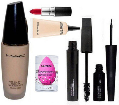 

caroline Sponge Puff,Mac Hyper Real Foundation SPF15 , Matte Finish Lipstick,Select Cover-Up, haute And Naughty Mascara, Liquid Last Eyeliner(Set of 6)