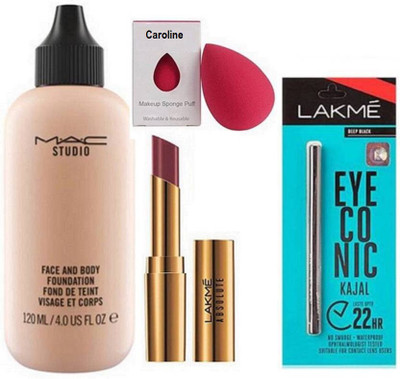

caroline sponge puff & Mac face and body foundation , absolute lip color lipstick with eyeconic k(Set of 4)