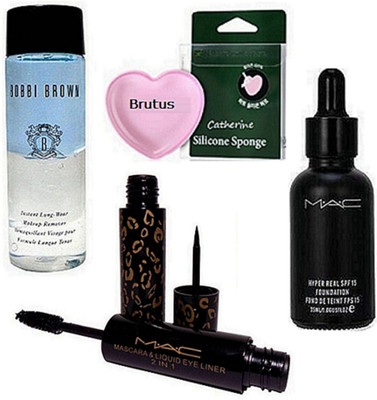 

BRUTUS Silicone Puff, Mac Hyper Real Foundation, Mascara & Liquid Eyeliner 2 in 1, Bobbi Brown Instant Long Wear Makeup Remover(Set of 4)