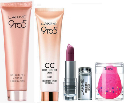 

tiara sponge puff , lakme weightless foundation , cc color transform cream with enrich matte lipstick(Set of 4)
