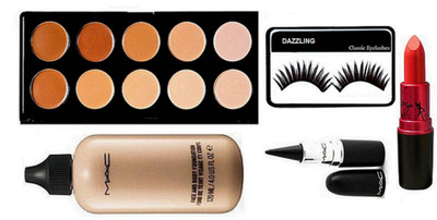 

Dazzling Eyeleshes & Face And Body Foundation & 10 Shade Concealer Palette & Stick Kaj & Lady Gaga Lipstick(Set of 6)