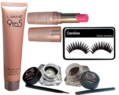 

caroline Eyelashes & Lakme 9 to 5 Weightless Mousse Foundation with matte finish lipstick & Mac hello kitty two blam eyeliner(Set of 4)