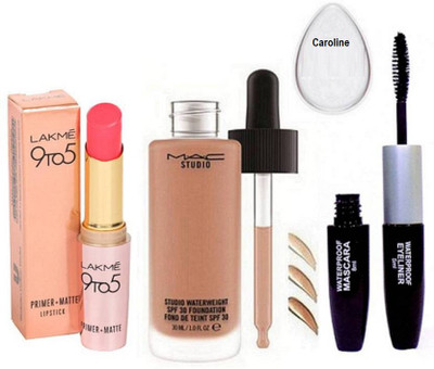

caroline Silicon Puff,Mac Studio Waterweight Foundation With, Colorbar mascara & Liquid Eyeliner& Lakme 9 to 5 Primer+matte Lipstick(Set of 4)