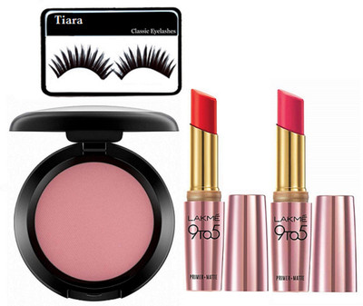 

tiara eyelashes , mac pink blusher , primer matte lipstick (Pack of 2)(Set of 4)