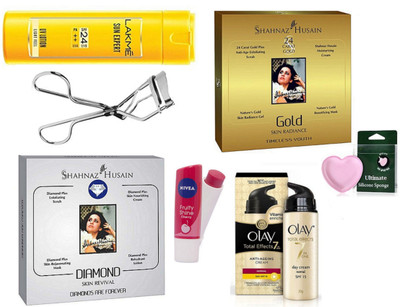

Ultimate Silicon Puff With Shahnaz Hussain Gold And Diamond Facial kit & Lip Balm With Body Lotion,Olay Cream & Eyelashes Curler(Set of 7)