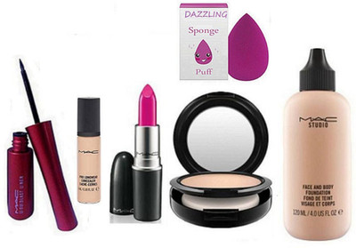 

DAZZLING Sponge Puff & Mac Eyeliner & Pink Lipstick & Face Compact & Face ANd Body Foundation & Pro LOngwear Concealer(Set of 6)