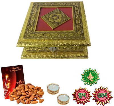 

Maalpani Dryfruit Hamper Box Floor Rangoli and Tealight Candles with Holders For Diwali 2018 - diwali gift hamper Combo(5)